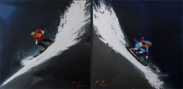 esquí dos paneles en blanco Kal Gajoum texturizado Pinturas al óleo
